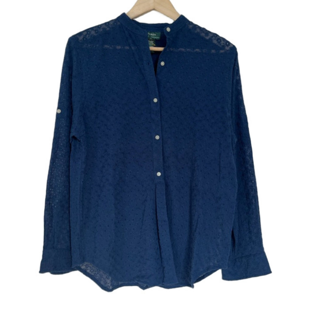 Navy Blue Blouse Lauren Ralph Lauren Eyelit Lace Button Down Long Sleeve Shirt